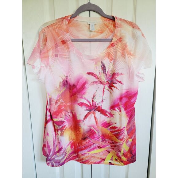 Chico's 2 Bright Tropical Foliage Palm Tree T-Shirt Pink‎ & White SS Round Neck - Picture 1 of 6